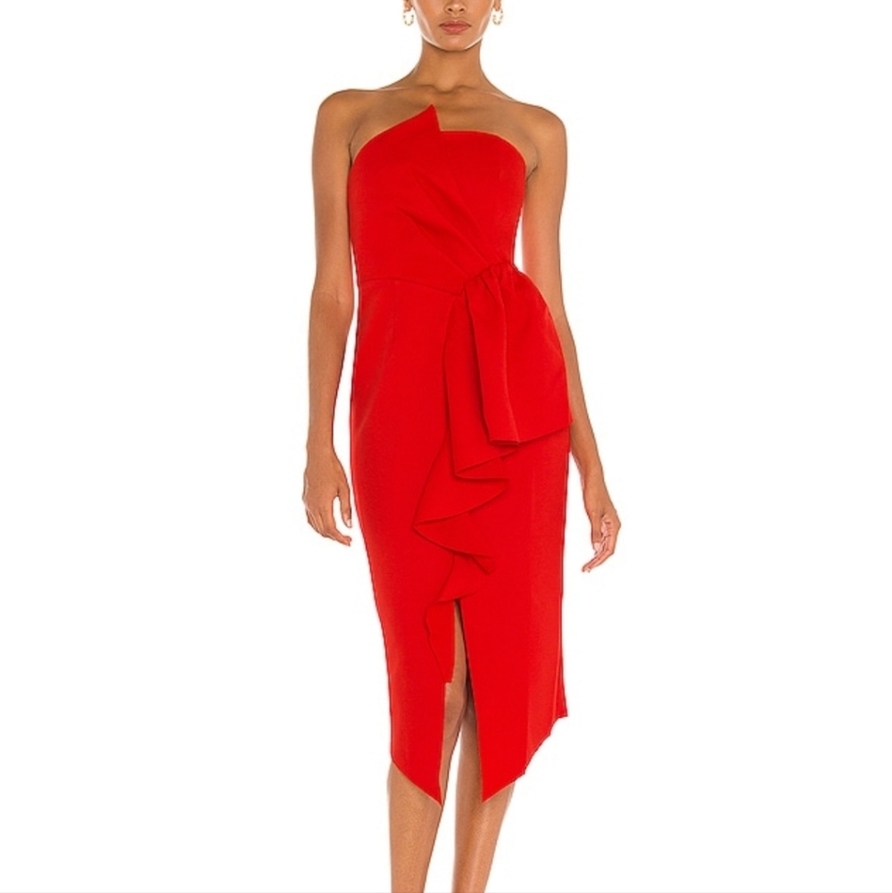 ELLIATT Fuchsia Reception Strapless Ruffle Midi Dress - Hot Pink Revolve Size M